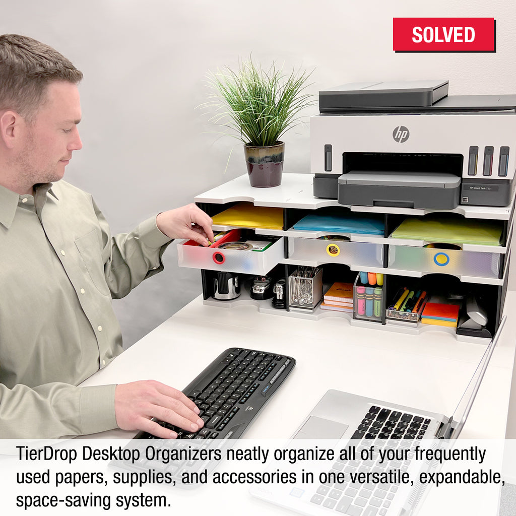 Desktop Organizer 6 Letter Tray Sorter Plus Riser Base, 2 Supply & 2 Storage Drawers - TierDrop Plus Stores All of Your Documents & Supplies in Clear