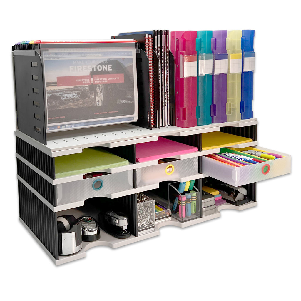 Desktop Organizer 6 Letter Tray Sorter, Riser Storage Base and Vertical File Topper - Uses Vertical Space to Put All of Your Documents, Files, Forms