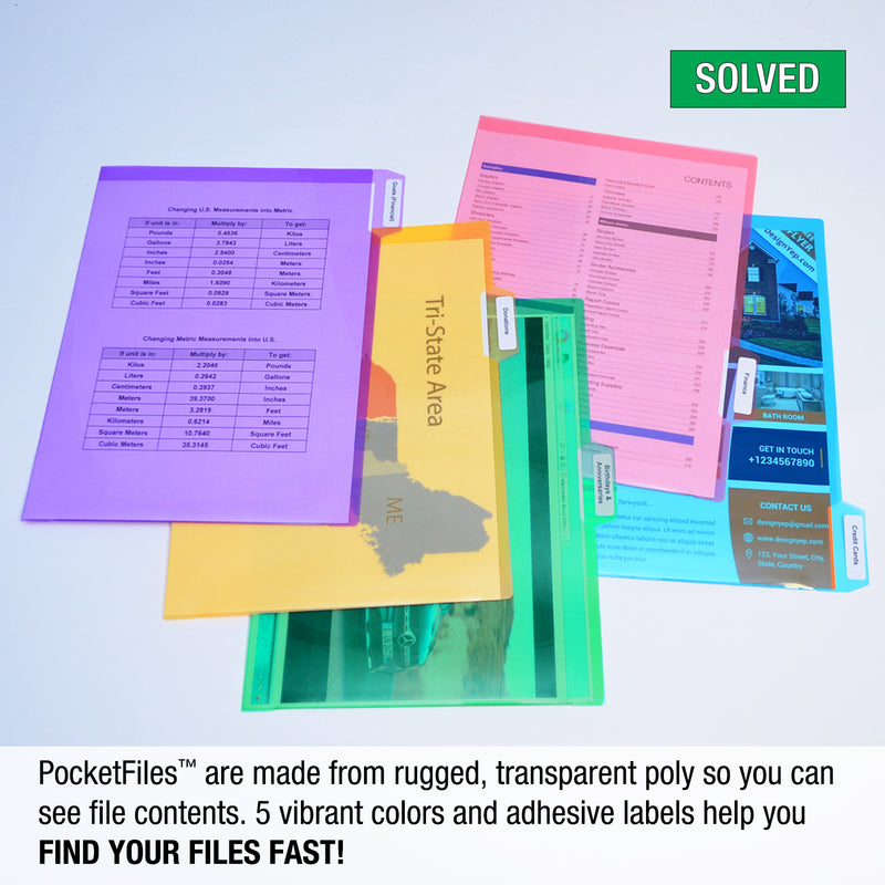 Ultimate Office PocketFile™ Clear Poly Document Folder Project Pockets, 5th-Cut, Letter Size, in 5 Assorted Colors, Set of 25