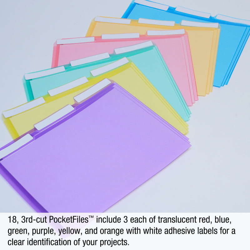 Ultimate Office PocketFile™ Clear Poly Document Folder Project Pockets, 3rd-Cut, Letter Size, in 6 Assorted Colors (Purple, Orange, Green, Red, Yellow, Blue), Set of 18