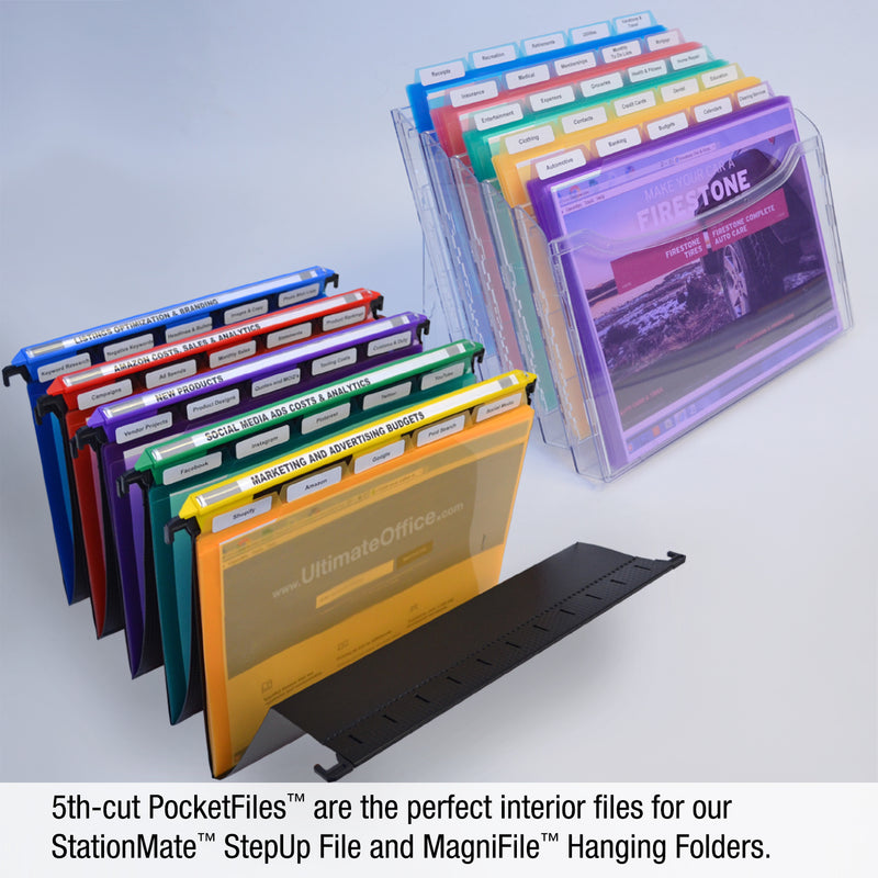 Ultimate Office PocketFile™ Clear Poly Document Folder Project Pockets, 5th-Cut, Letter Size, in 5 Assorted Colors, Set of 25