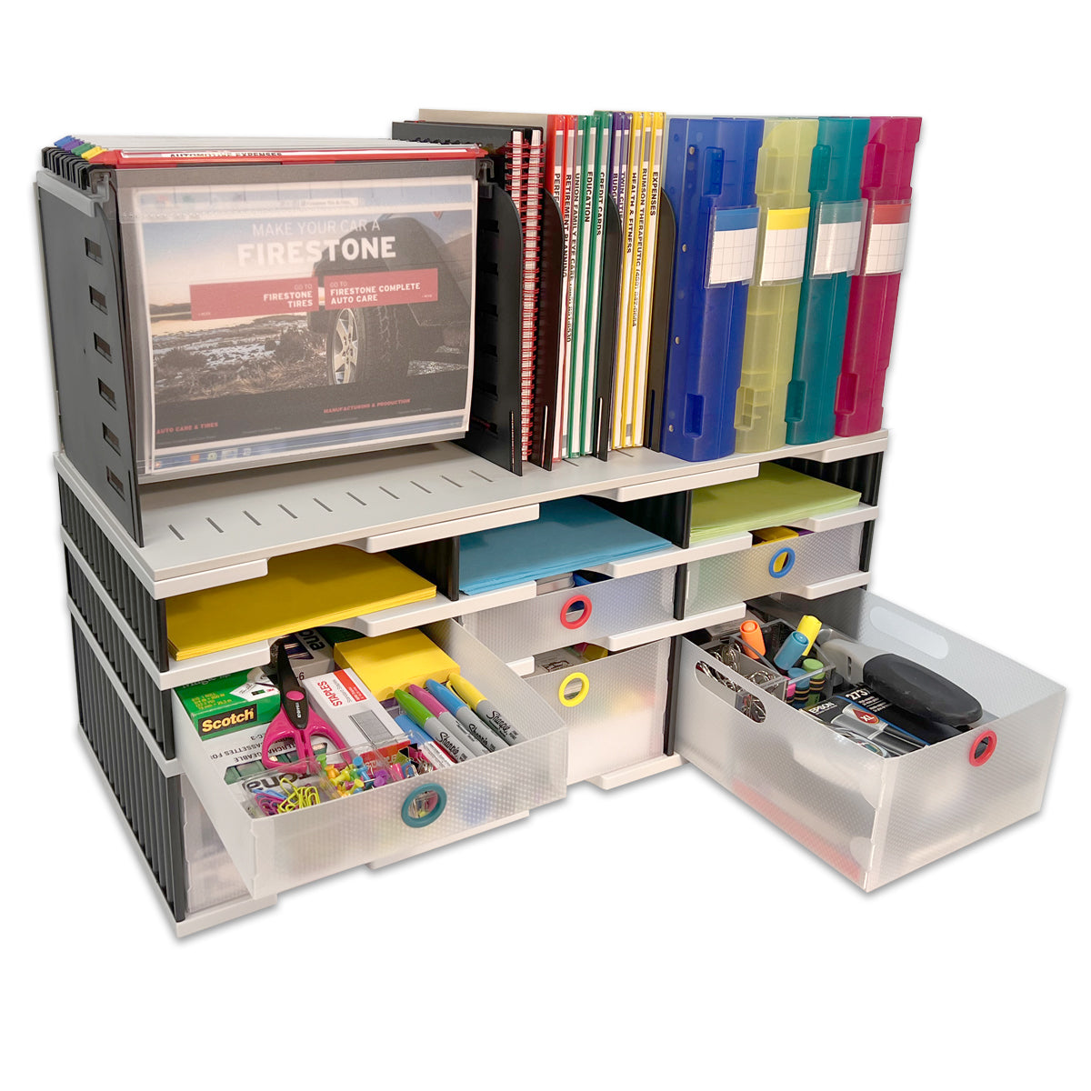 Desktop Organizer 6 Slot Sorter, Riser Base, Hanging File Top & 3 Storage  Drawers – Ultimate Office