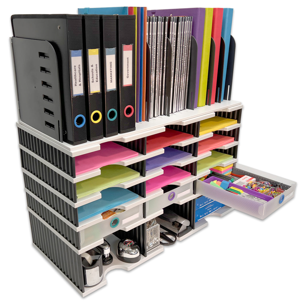 Desktop Organizer 12 Slot Sorter, Riser Base, Vertical File Top & 3 Storage  Drawers – Ultimate Office