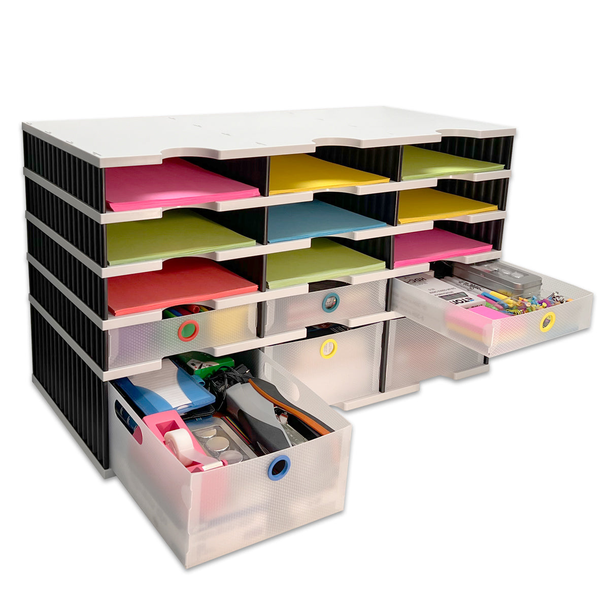 Desktop Organizer 12 Slot Sorter, Riser Base, Vertical File, 3 Storage & 3 Supply Drawers - TierDrop Organizer Stores All of Your Documents, Files