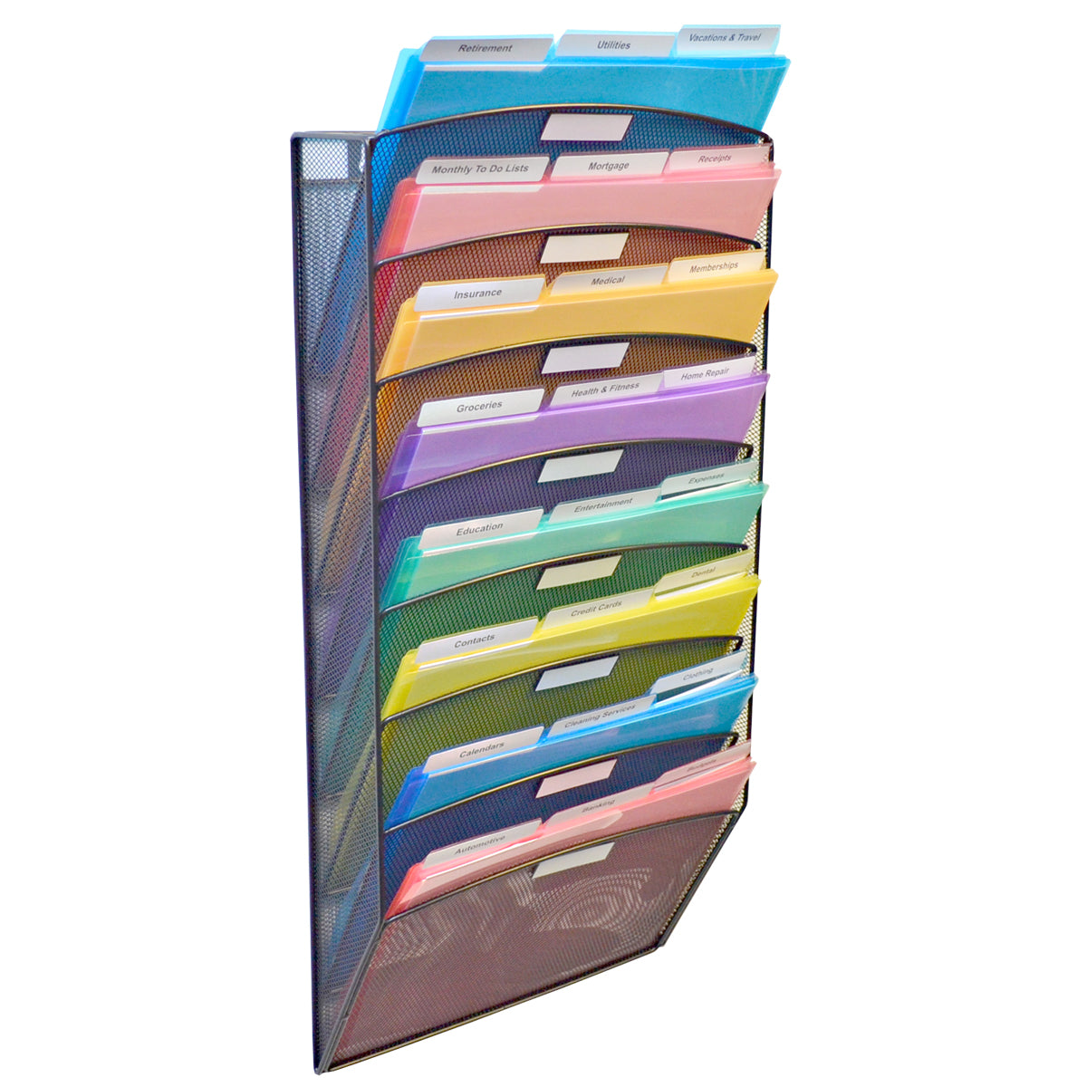 Ultimate Office Mesh Wall File Organizer, 15 Tier Vertical Mount Hanging File Sorter. Multipurpose Display Rack Includes 18, 3rd Cut PocketFile