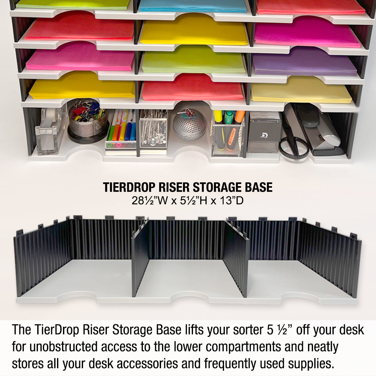 Desktop Organizer 12 Letter Tray Sorter Plus Riser Base, 3 Supply & 3 Storage Drawers - TierDrop Plus Keeps All of Your Documents & Supplies in Clear