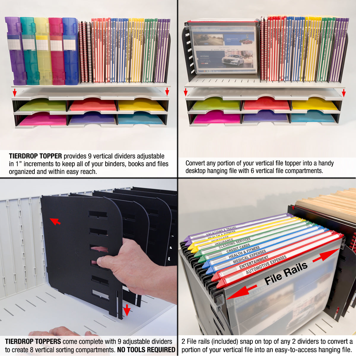 Ultimate Office TierDrop Topper 8 Slot Vertical File Organizer and Sorter with 9 Dividers That Adjust in 1 inch Increments. Converts Into A Hanging