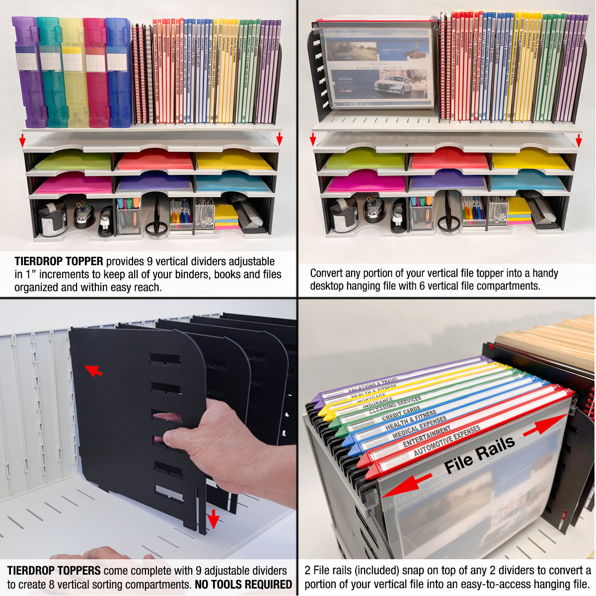 Desktop Organizer 6 Letter Tray Sorter, Riser Storage Base and Hanging File Topper - Uses Vertical Space to Keep All of Your Documents, Files, Forms